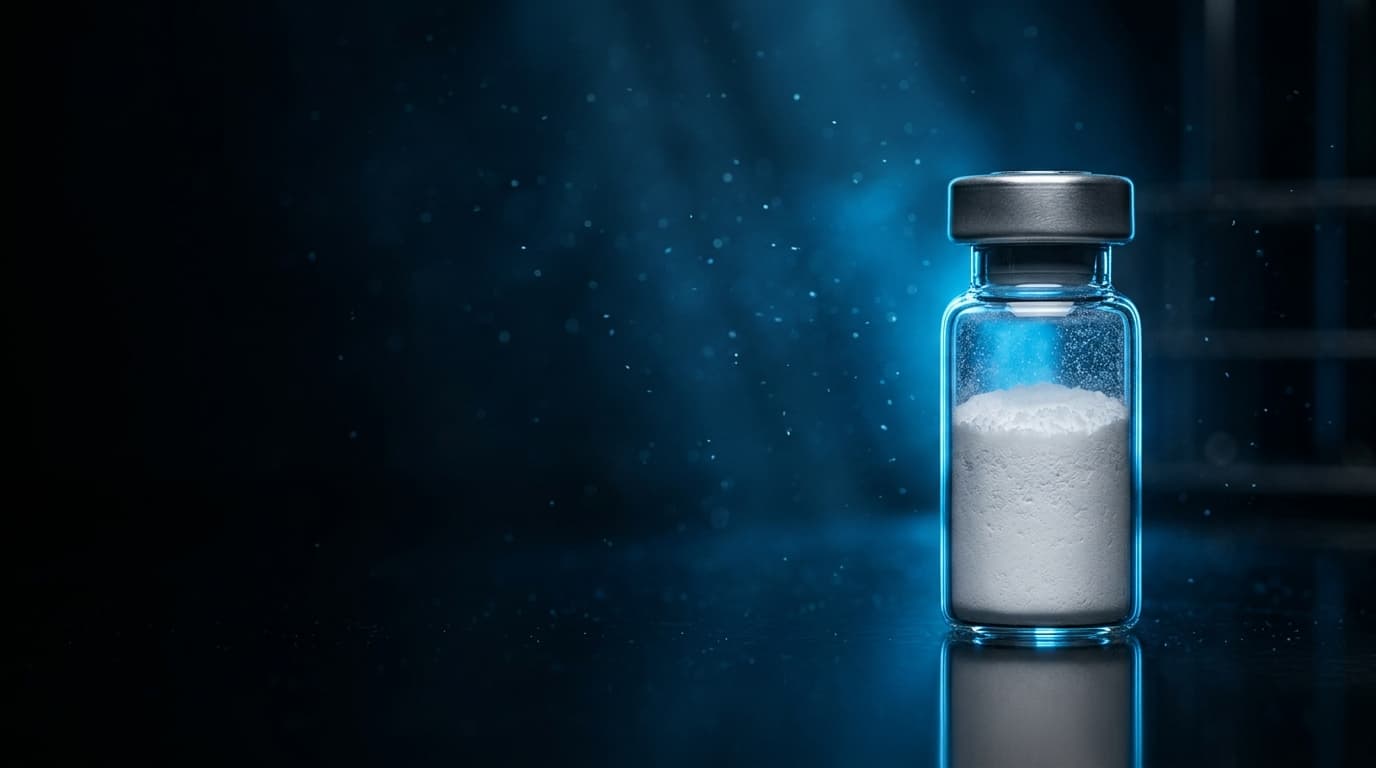 Glowing LyzeLabs research peptide vial in a laboratory