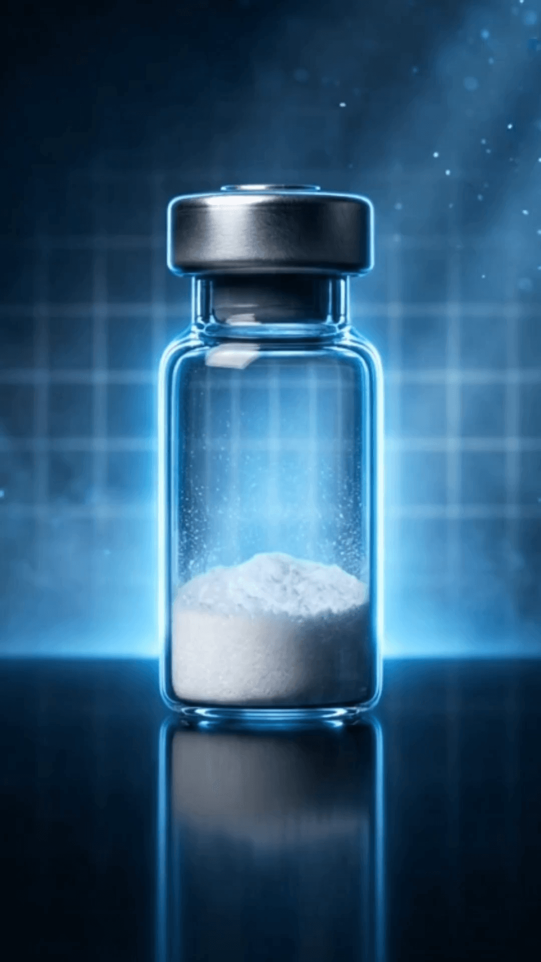Glowing LyzeLabs research peptide vial in a laboratory